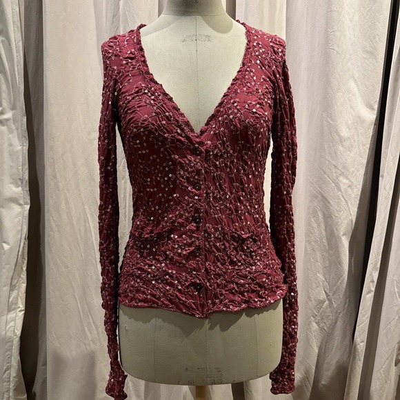 Vintage Ann Ferriday Stock Embroidered Pucker Cotton Sequin Cardigan M - Picture 1 of 6